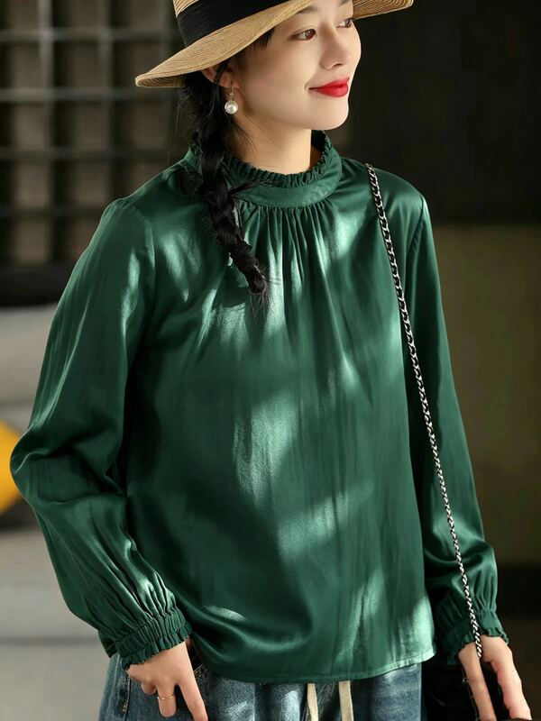 Front and back lace-trimmed shirt, 2026 autumn/winter loose-fit shirt, solid-color long-sleeve cardigan top, women's clothing, 2675