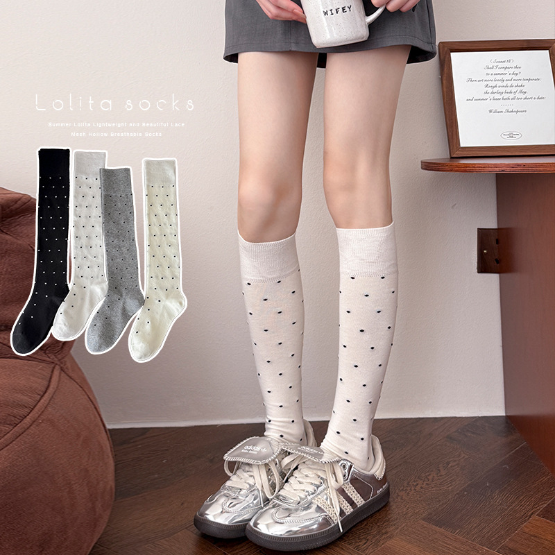 Shoes and Socks: Miu-Style Cotton Calf Socks, Spring and Autumn Polka Dot Slimming Combed Cotton Seamless College Style High Tube Slouchy Knee Socks Shoes and Socks: Miu-Style Cotton Calf Socks, Spring and Autumn Polka Dot Slimming Combed Cotton Seamless College Style High Tube Slouchy Knee Socks