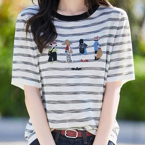 夏用 リヨセルテンセルニット半袖レディースラウンドネックストライプ刺繍五分袖ゆったり半袖Tシャツインナー|undefined