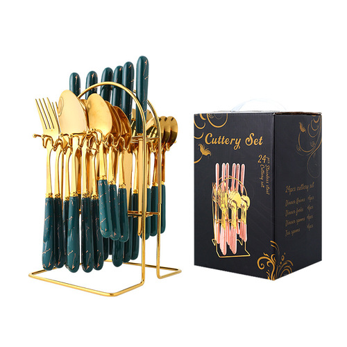 Amazon cross-border stainless steel ceramic handle tableware 24-piece set steak knife, fork, tea spoon, Western tableware gift box set