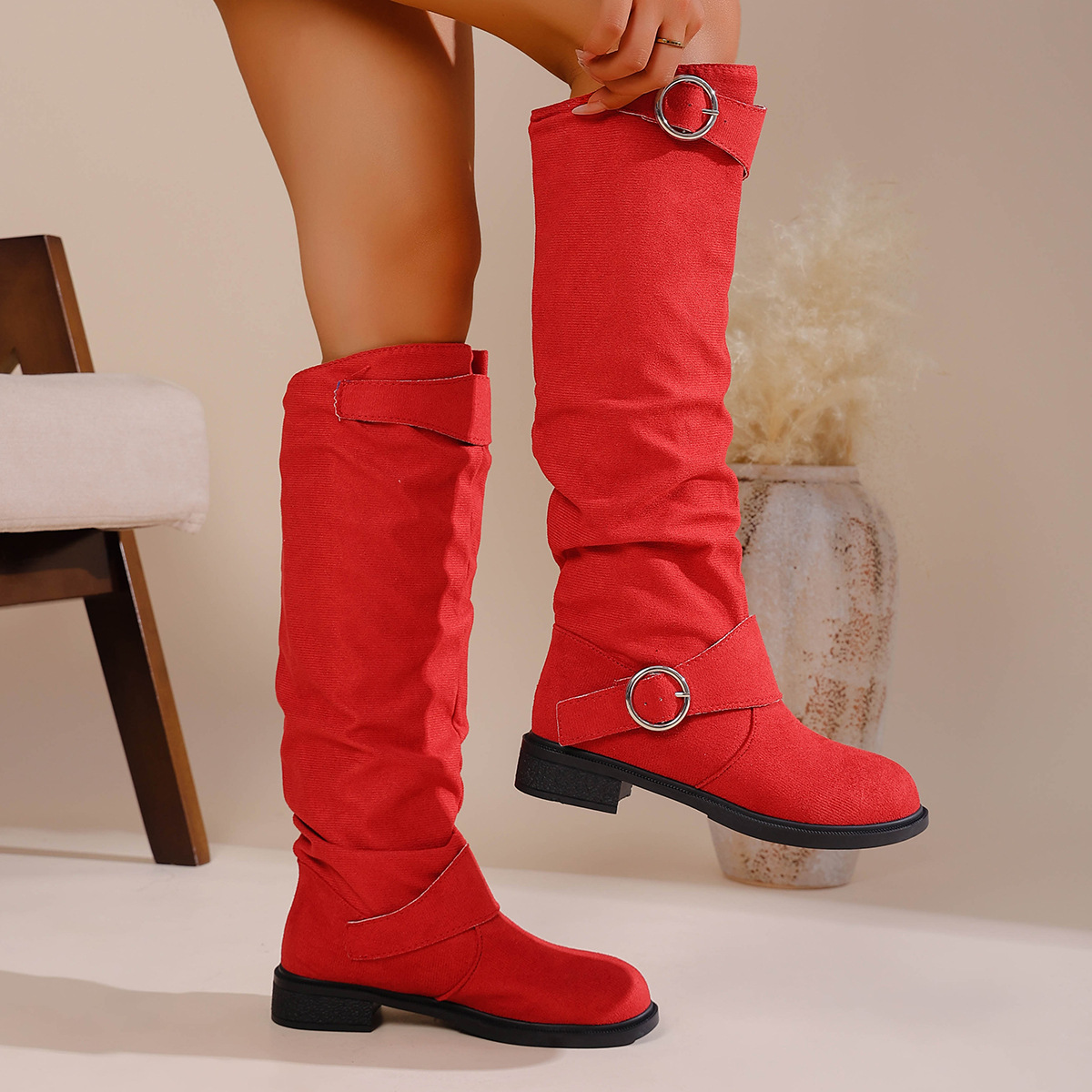 Women's High Top Pleated Belt Buckle Boots Suede Slip on Retro Riding plus Size Winter New Style_vogvips.com