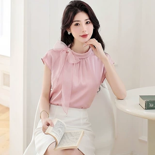 2026年缎面垂感短袖飘带衬衫女感轻奢减龄洋气衬衣小飞袖上衣杏色