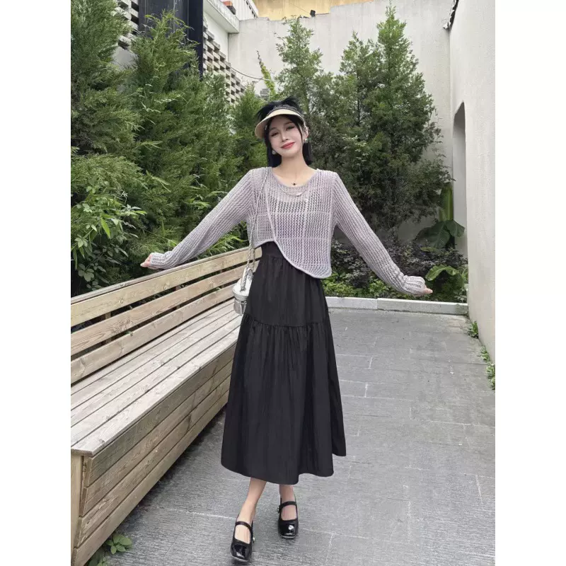 百搭吊带连衣裙+网纱罩衫2024秋季新款韩版时尚气质显瘦两件套女