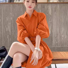 2025御姐风橙色穿搭绝美橙色收腰Polo领衬衫橙色连衣裙