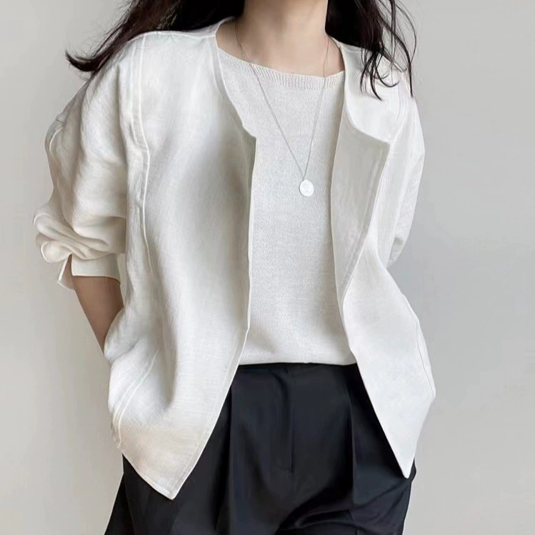 Корейский чик хлопок конопля тонкая короткая куртка женский лето 2024 новый дизайн чувство