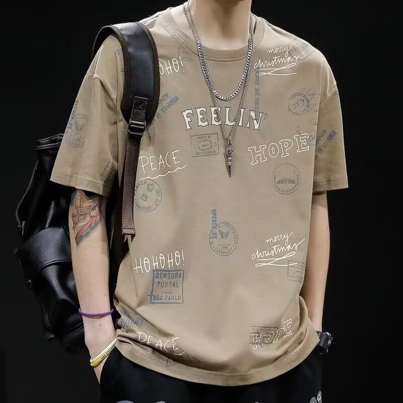 Camiseta de manga corta de verano impresa para hombres nueva marca de moda suelta ins camiseta de media manga retro de verano estudiantes coreanos