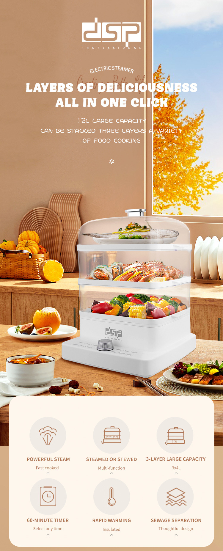 DSP Dan Song Steaming And Cooking All-in-One Small Electric Steamer Basket Household Three-Layer Multi-Function_voghion.com