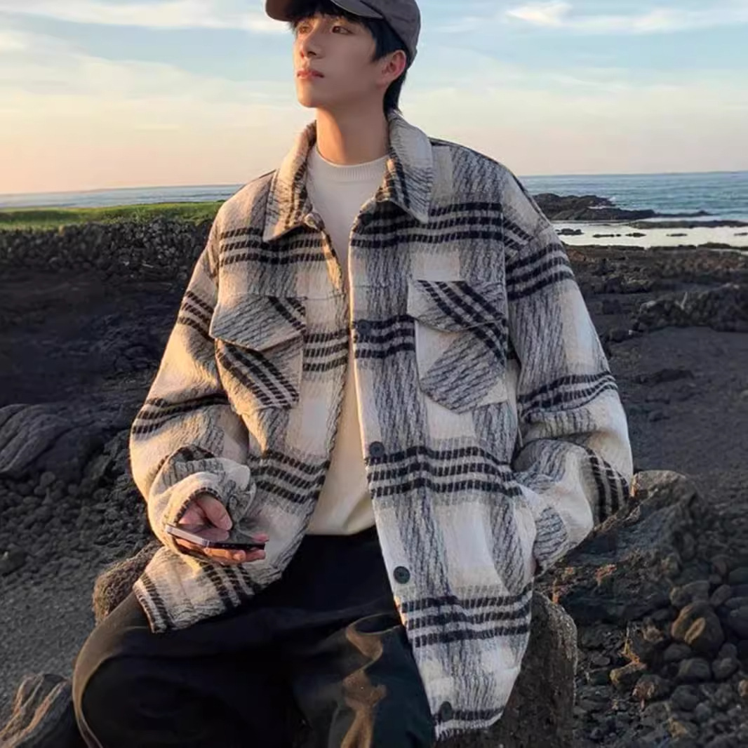 Woolen Plaid Jacket Men's Spring and Autumn Korean Style Chanel Style Jacket Trendy Brand Ins Loose Street Niche Couples Shirt