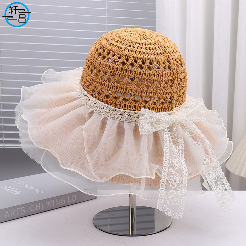 Fashionable knitted breathable comfortable cute sun hat with bow for…