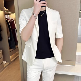 Short-Sleeved Suit Jacket for Men in Summer, Thin, Trendy, Loose and Casual, Paired with Handsome Three-Quarter Sleeve Suit