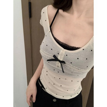 纯欲辣妹小心机微透波点上衣女夏吊带薄款设计感一字肩修身上衣