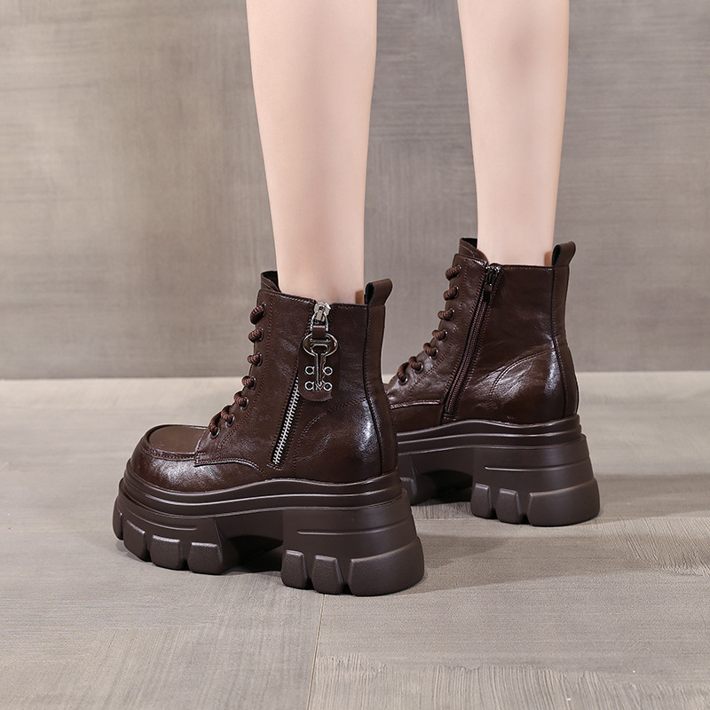 Boot nữ kiểu Anh đế dày nâng chiều cao, cổ ngắn, phong cách retro — Lớp lót nhung đen