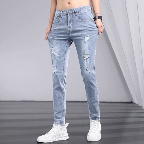 Summer and Spring Thin Slim Fit Men's Straight Leg Korean Style Trendy Branded Light Color Versatile Hole Relaxed Pants Three-quarter Length