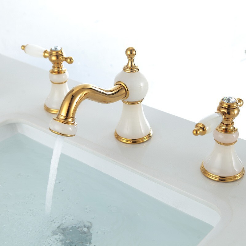 Guangdong European Three-hole Jade Faucet Body Copper Ancient Jade Basin Wash Basin Gold Bathroom Cabinet Faucet