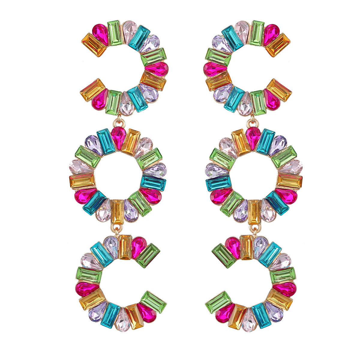 Designer style, fashionable and high-end, super sparkling colored diamond earrings, exaggerated C-shaped circular long earrings for women_voghion.com