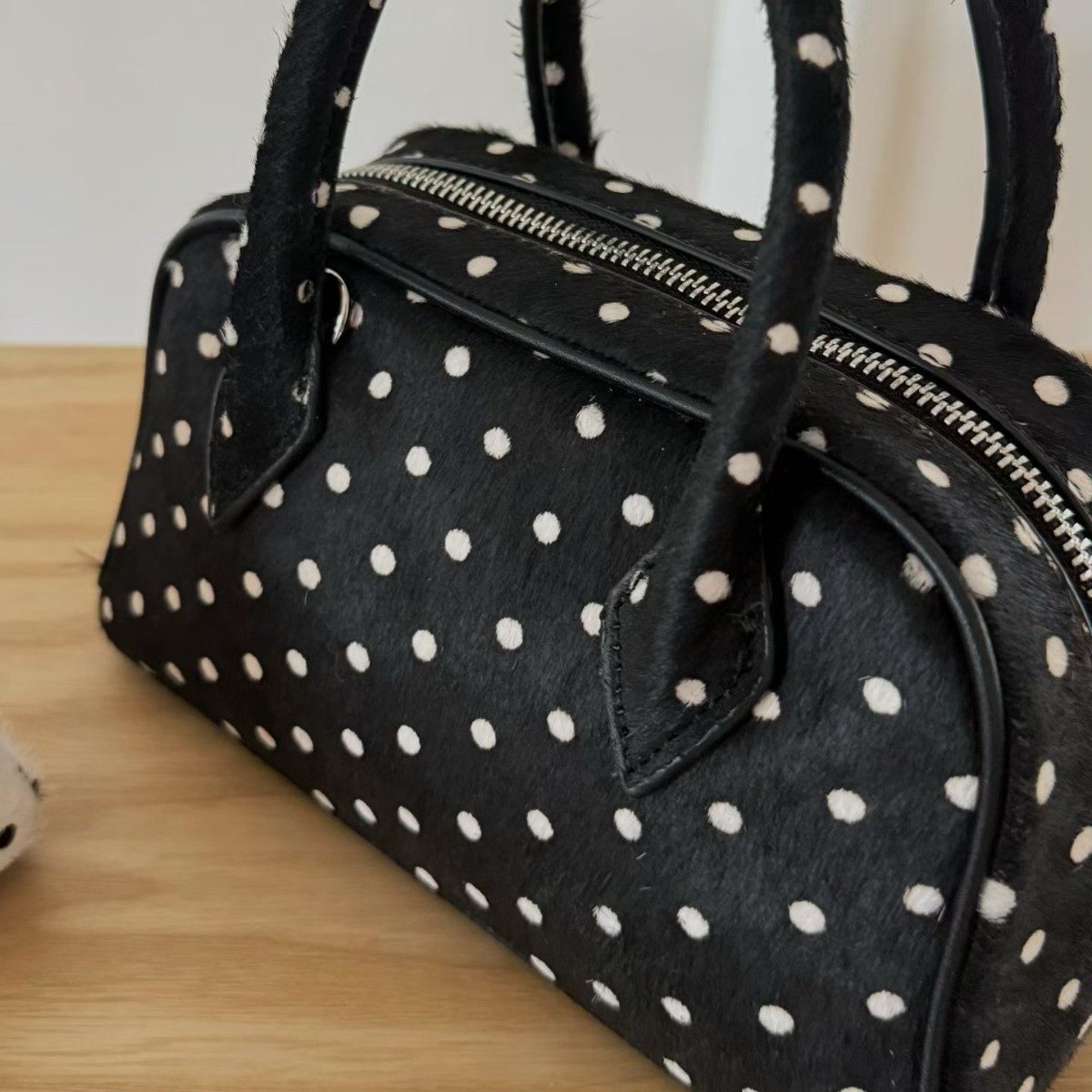Niche Design Horsehair Polka Dot Boston Handbag Genuine Cowhide Leather Commuter Small Tote Bag - Thumbnail 2