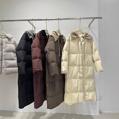 跨境90白鸭绒针织帽羽绒服女2025冬季新款中长款加厚外套