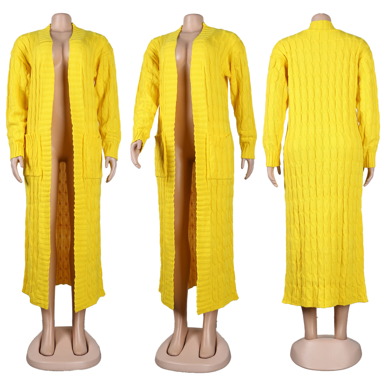 Damen Strickjacke Lang Aus Grobstrick In Unifarben Wintermantel_voghion.com
