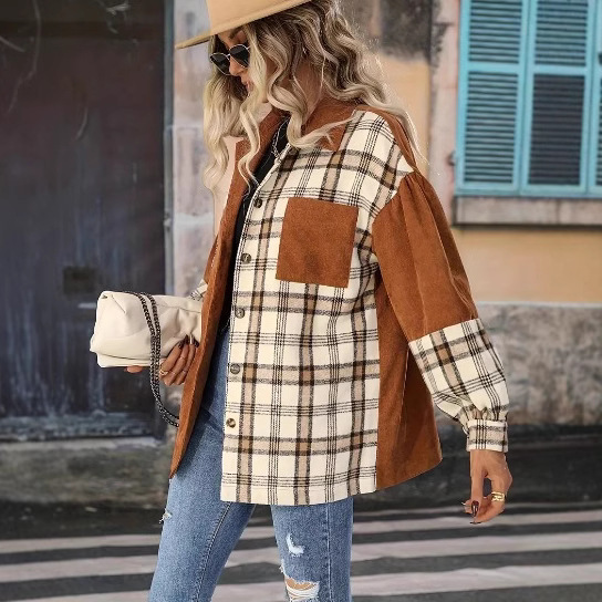 European and American plus size 2025 Spring Cross-border European and American Retro Jacket Plaid Jacket Shirt Long Sleeve Lel Women's Shirt