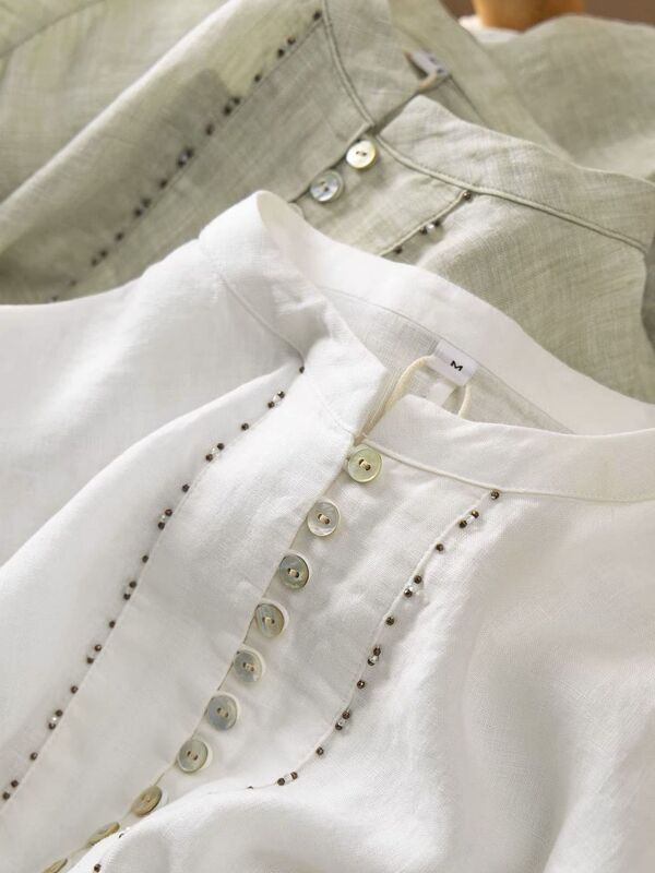 French-Style High-End Luxury Old Money Style Quality Pure Hemp Heavy-Duty Beaded Shell Button Round Neck Three-Quarter Sleeve Shirt Top French-Style High-End Luxury Old Money Style Quality Pure Hemp Heavy-Duty Beaded Shell Button Round Neck Three-Quarter Sleeve Shirt Top