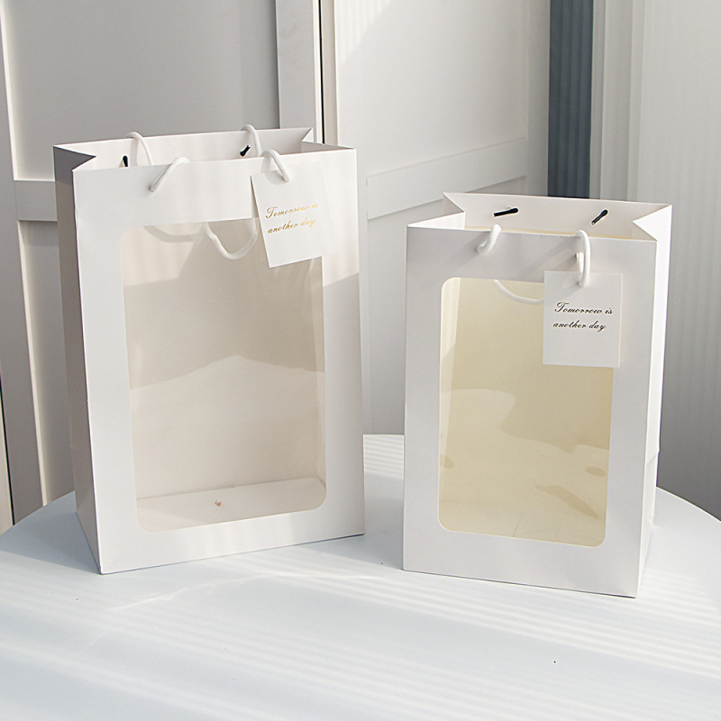 鲜花店花束手提开窗袋现货透明橱窗手提袋创意礼开窗纸袋