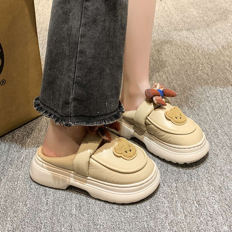 乖甜小熊复古风小蝴蝶结洞洞鞋女外穿厚底松糕棉拖鞋玛丽珍沙滩鞋