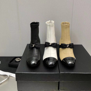 2023 New Style Chanel Style Bow Ankle Boots Women's Thick Heel Colorblock Elastic Boots Rear Zipper Thin Boots Women's Fashion Boots