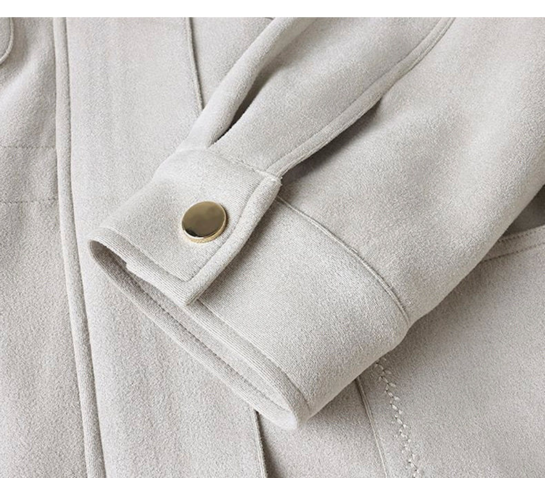 Áo khoác nữ dáng ngắn phong cách workwear, chất liệu giả da lộn, cổ bẻ, khóa kéo, phối ghép — màu be chi tiết 16