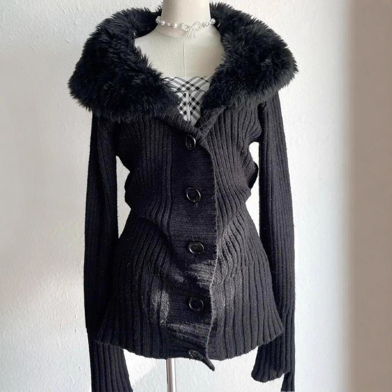 Winter New Niche Gothic Style Retro Black Plush Collar Pit Strip Knitted Cardigan for Women Winter New Niche Gothic Style Retro Black Plush Collar Pit Strip Knitted Cardigan for Women