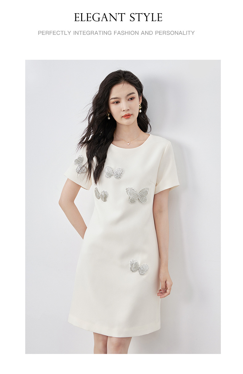 Đầm suông nữ midi tay ngắn cổ tròn, họa tiết hoa nổi sequin lấp lánh, phom suông che khuyết điểm — Màu đen chi tiết 15