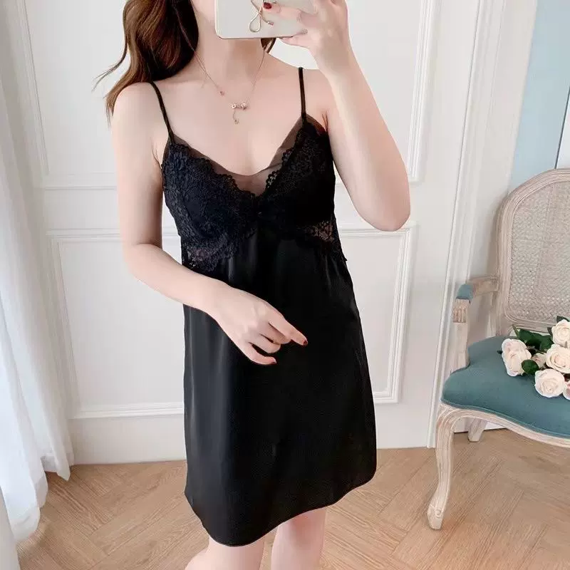 冰丝睡衣睡裙女夏季镂空睡裙带胸垫美背吊带裙薄款蕾丝性感家居服
