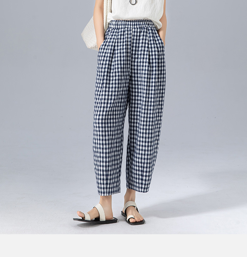 Quần culottes nữ ống rộng cạp cao kẻ sọc linen phong cách Hàn Quốc mùa hè — Caro xanh lam chi tiết 4