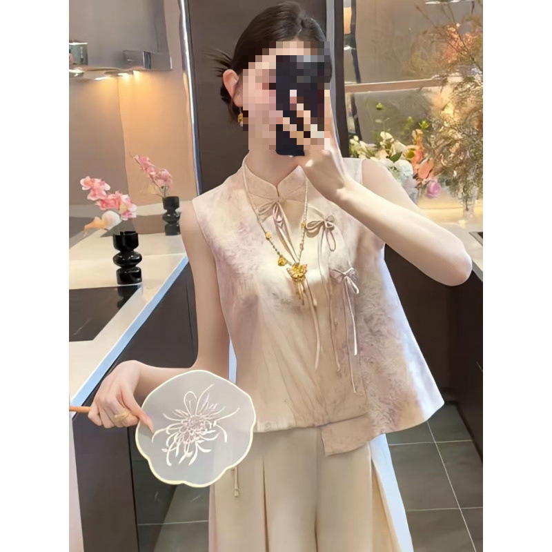 新中式缎面提花无袖背心衬衫女2025夏季新款洋气减龄气质温婉上衣|undefined