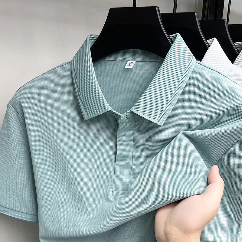 10A Antibacterial Short-Sleeved Polo Shirt for Men, Business Casual, High-Elastic, Sun-Protective, Acetate Linen, Mulberry Silk, Lapel T-Shirt for Men