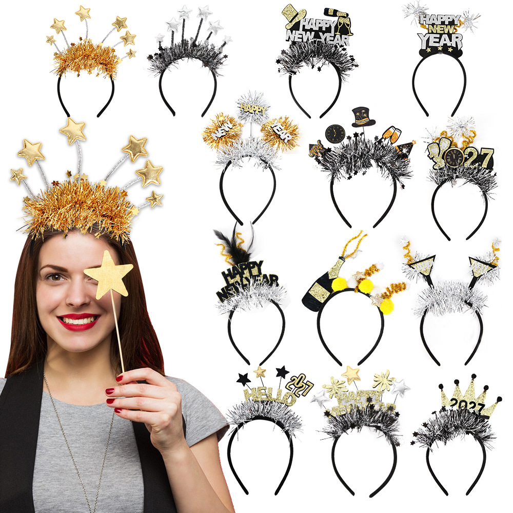 2027 Fiesta de Año Nuevo Feliz Año Nuevo Black Gold Color Star Headband Decoraciones de Año Nuevo image 1