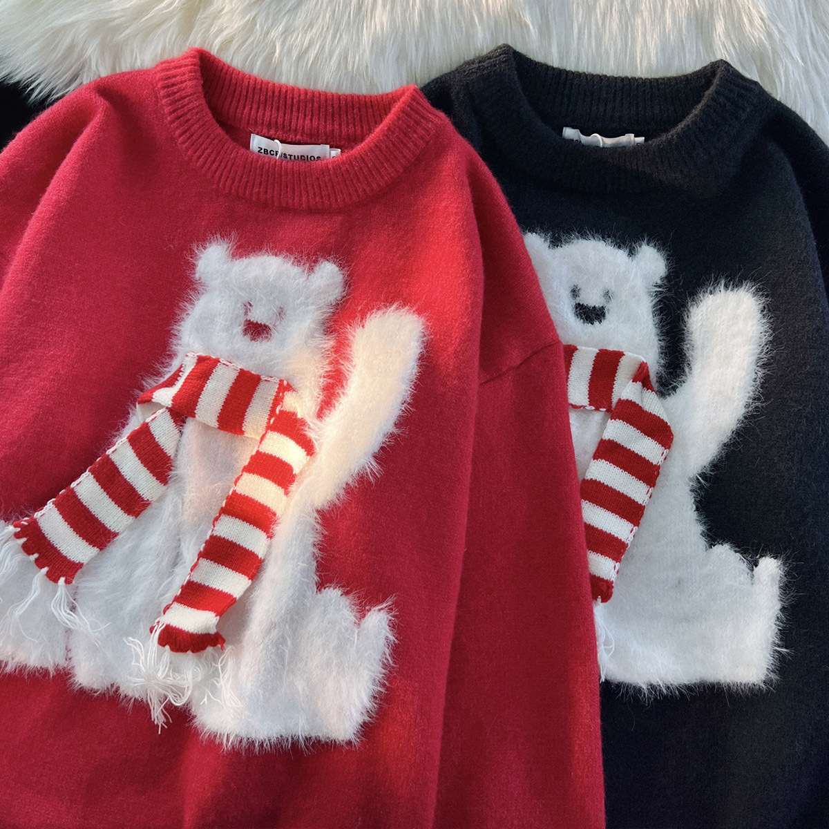 2025 pareja de Año Nuevo suéter rojo para hombres y mujeres Navidad bufandas de cinta de terciopelo ártico suéter de Año Nuevo perezoso