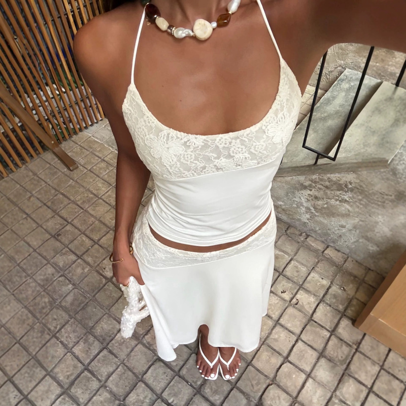 Summer Sleeveless Lace Patchwork Strap Dress, Cross-Border Bestseller, Fashionable Long Slim-Fit Two-Piece Dress Summer Sleeveless Lace Patchwork Strap Dress, Cross-Border Bestseller, Fashionable Long Slim-Fit Two-Piece Dress