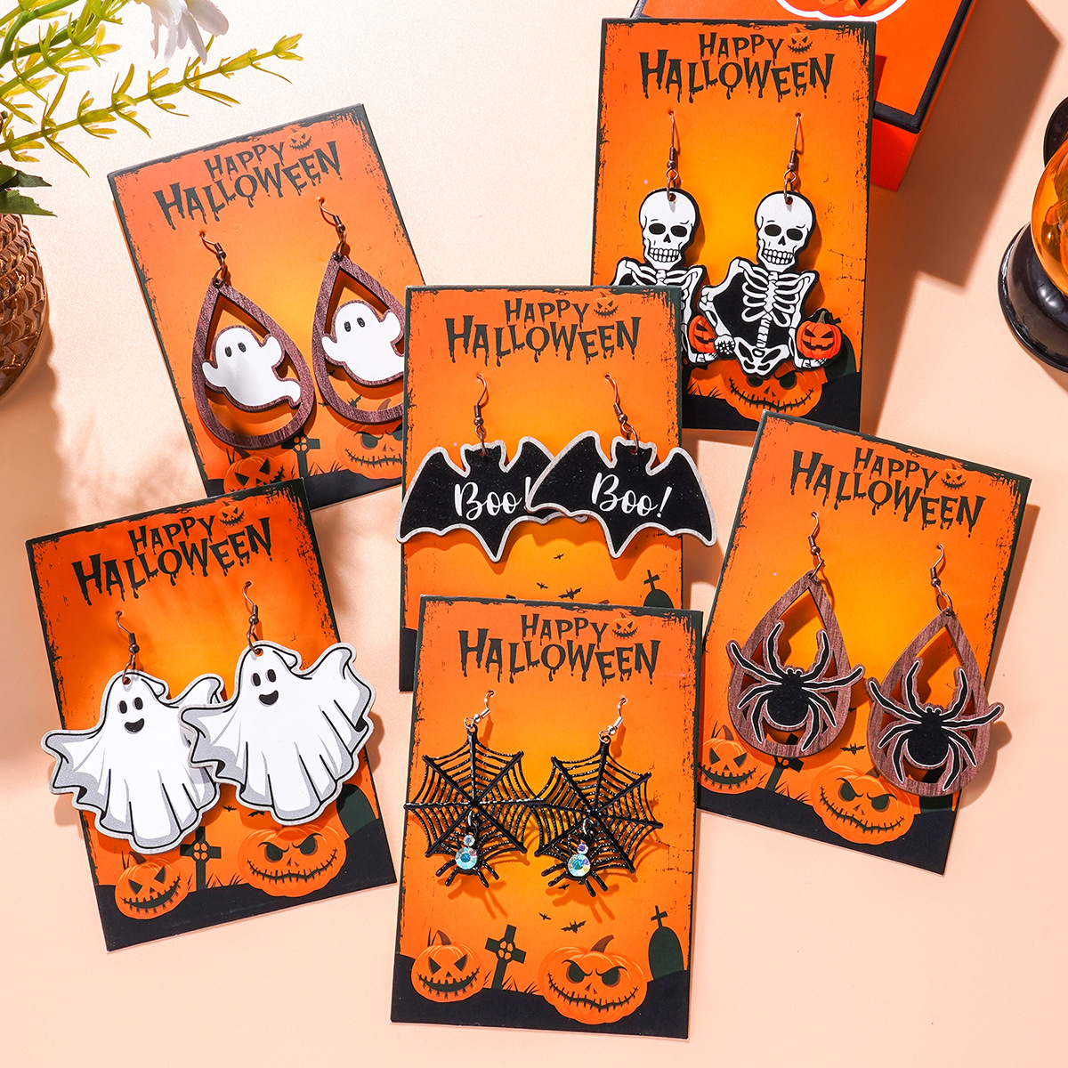 14g Weight Iron Ear Needle Material Drop Earrings Classification 1 Pair Quantity Party, Festival, Street Occasion Wood Material Halloween Festival ghost, Spider, Skull Pattern Women's Gender Hip-Hop, Funny Style 1 Pair Halloween Hip-Hop Funny Ghost Spider Skull Wood Drop Earrings 1