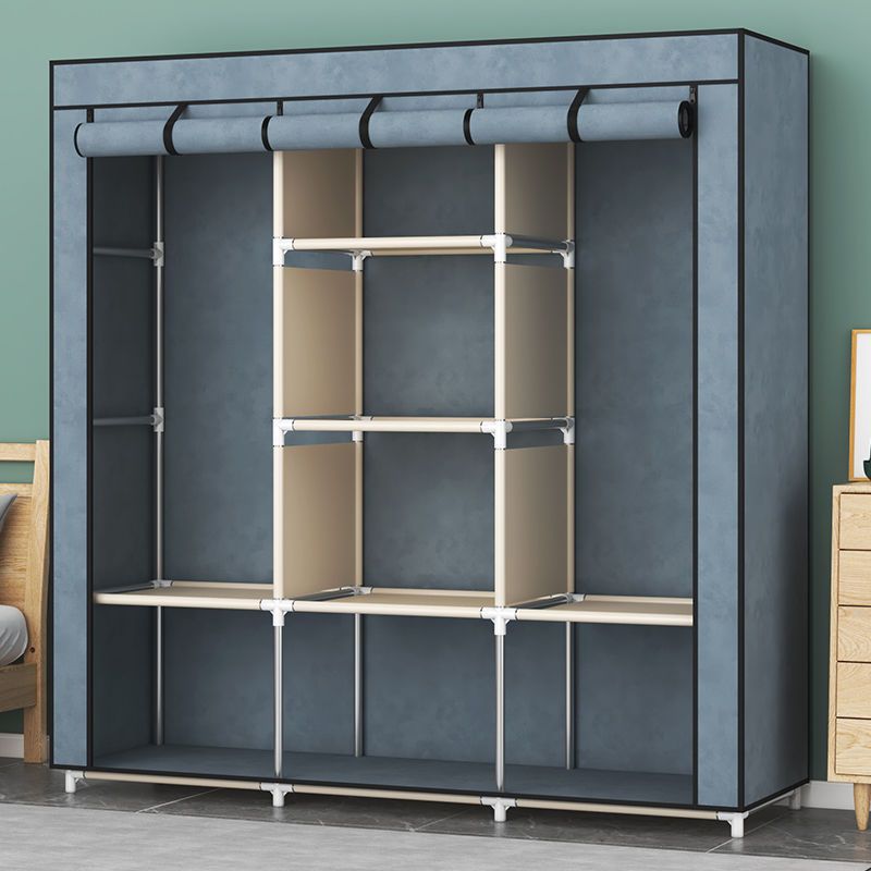 Simple Wardrobe for Home Bedroom Assembly Fabric Wardrobe with Sturdy and Durable Steel Pipes for Rental Use, Economical Closet