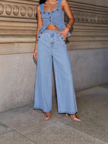 Direct sales new American solid color fashionable sleeveless denim suit European and American style straight wide-leg pants