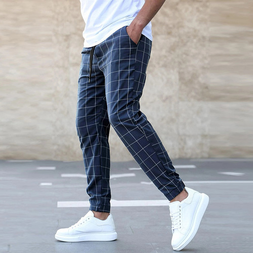 New European and American street-style plaid casual pants, fashionable men's casual corduroy pants—wholesale.