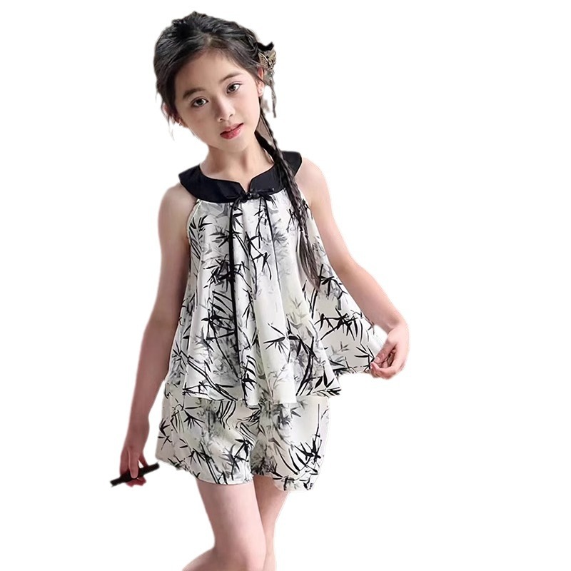 Girls' 2024 summer new Chinese style sleeveless ink bamboo leaf cool top loose shorts two-piece set trendy_voghion.com