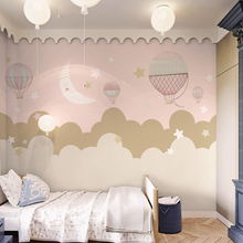 云朵热气球墙布卡通儿童房墙纸女孩卧室背景墙壁纸粉色公主房壁画