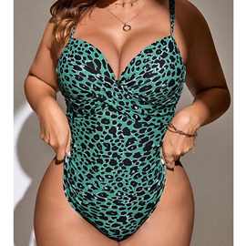 2024欧美新款跨境豹纹印花镂空性感比基尼大码吊带紧身连体泳衣女