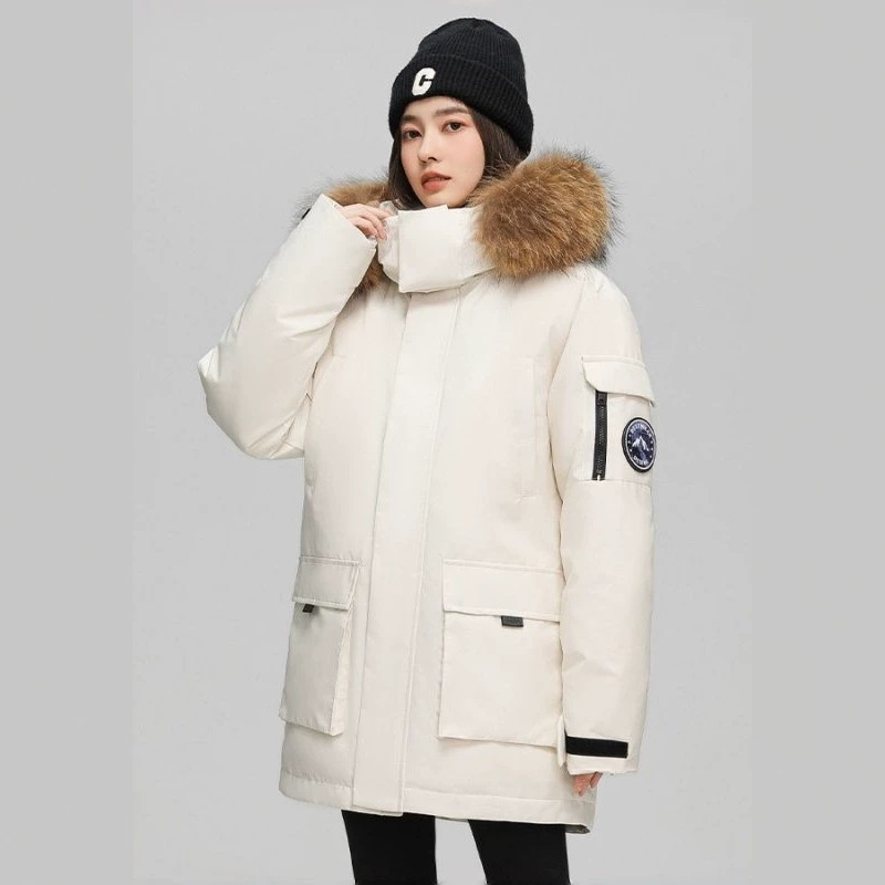 2026 winter collection: unisex workwear-style down jacket, mid-length, with a large fur collar, hooded, and designed as a windbreaker or parka
