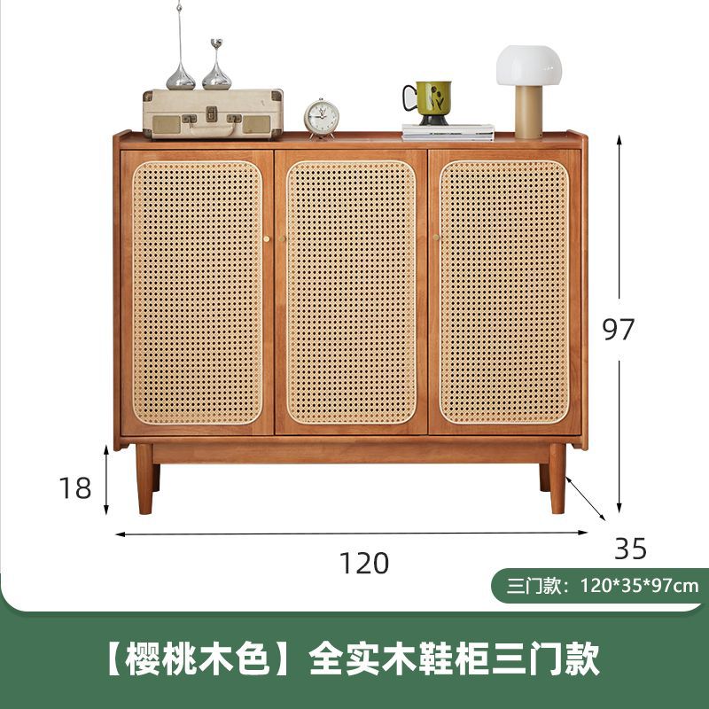 新しい無垢材靴キャビネット籐ドアチェリーウッドカラー小さなアパート玄関収納靴ラック玄関収納キャビネットシンプル