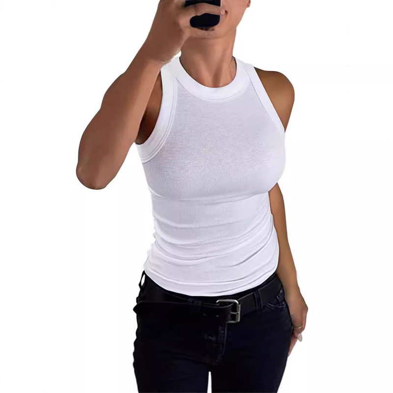 European and American Cross-Border Amazon Independent Station Summer Women's Ribbed Vest Round Neck Slim I-Shaped Women's Vest
