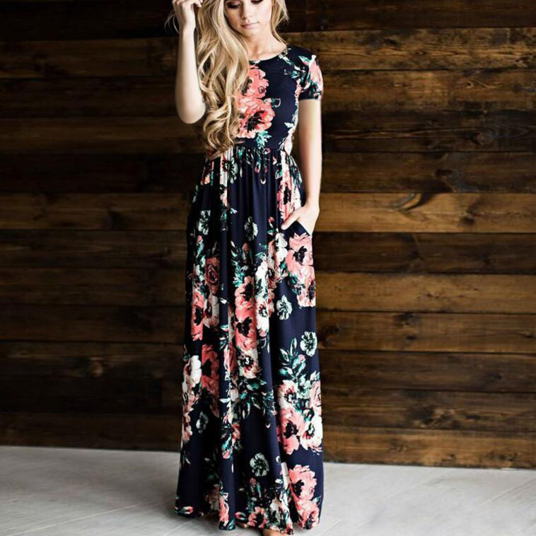 Summer Floral Pattern Dress round Neck Long Sleeve Women's Fashion 2022 Wish Hot Selling Export European American Style Large Stock Available_ecoleips.com