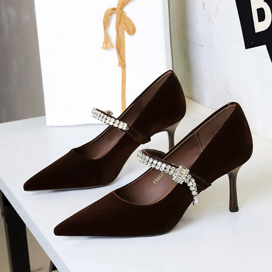 8837-A1 European American Pointed Toe Shallow Mouth Single With Rhinestones, One-Strap Suede Thin Heel High Heels For_vogvips.com