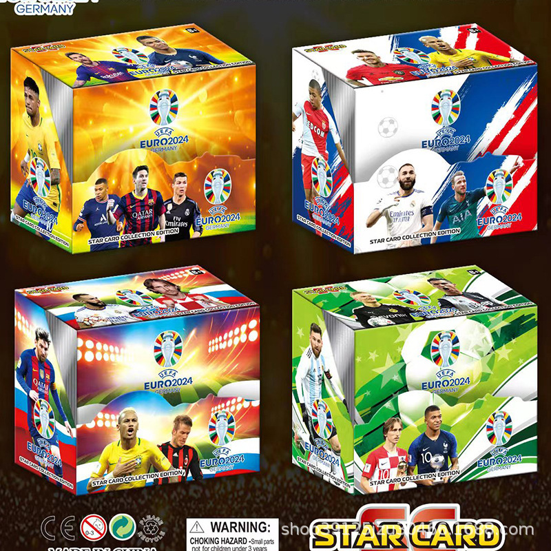 Tarjetas de fútbol estrella de la Copa del Mundo de dibujos animados Europa League Tarjetas de estrellas periféricas Tarjetas de inglés 36 paquetes de tarjetas láser